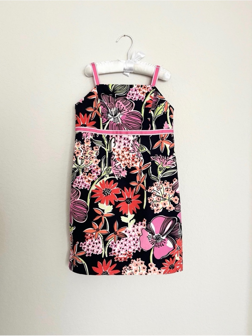 Vintage Lilly Pulitzer Black Floral Girls Market Flower Pink Strap Dress 7Y
